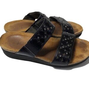 Naot Black Leather Rhinestone Wedge Sandals. Size 38.
